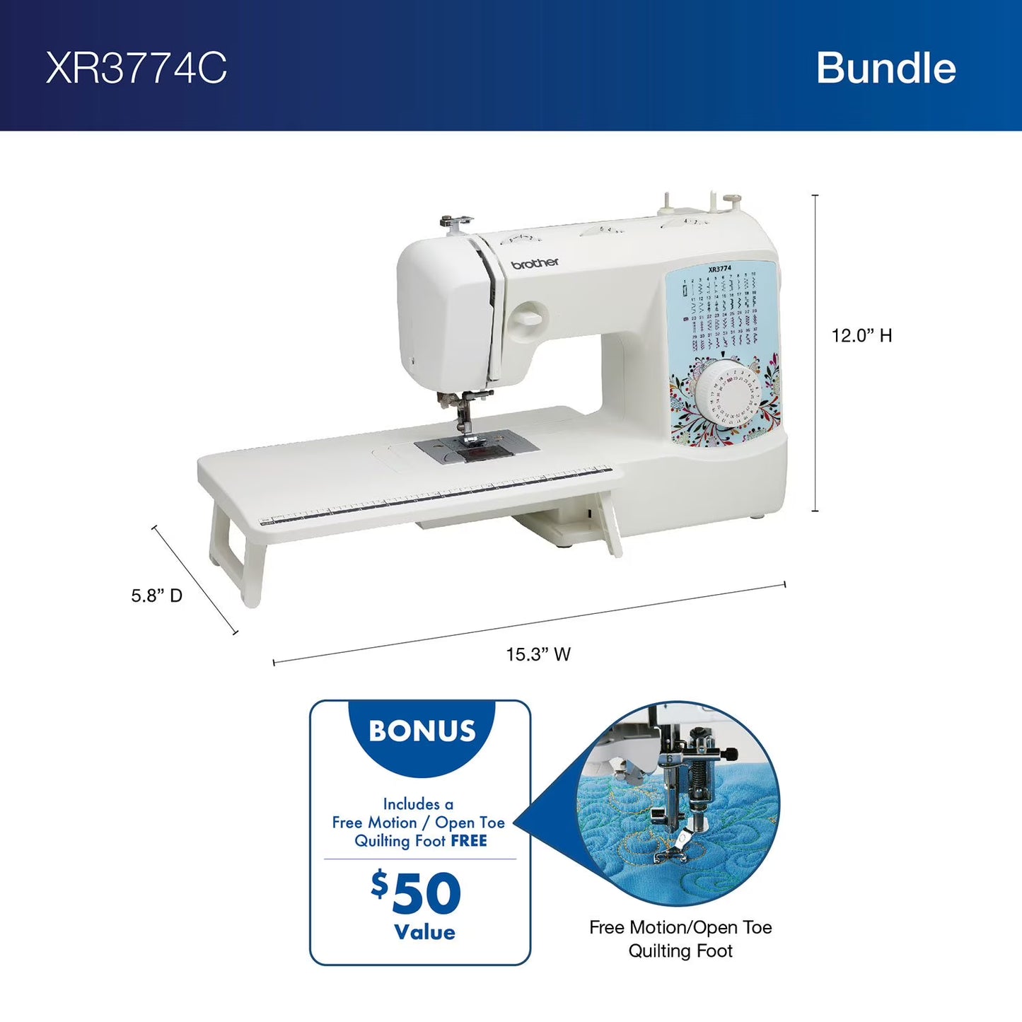 Brother XR3774C Sewing Machine with Wide Table and Motion/Open Toe Quilting Foot