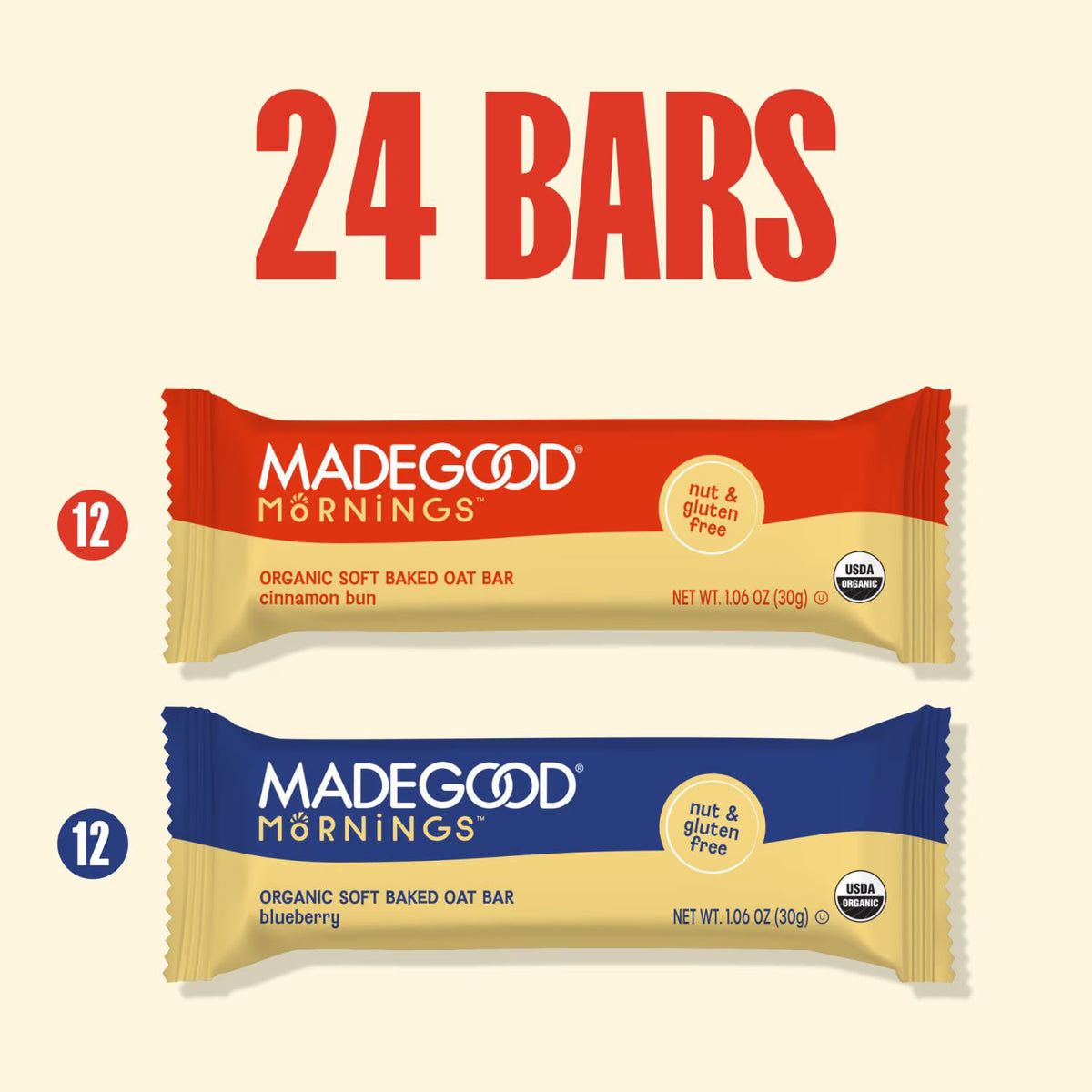 MadeGood Mornings Organic Soft Baked Oat Bars, Variety Pack, 24 ct.