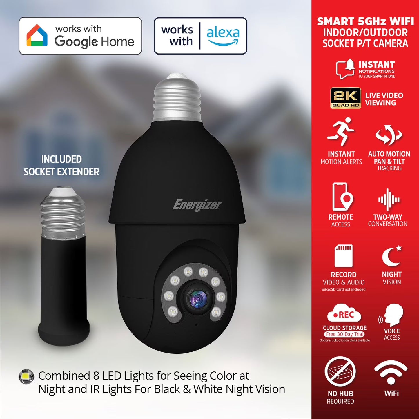 Energizer 2K Light Bulb Socket Security Camera with Socket Extension, 3pk.