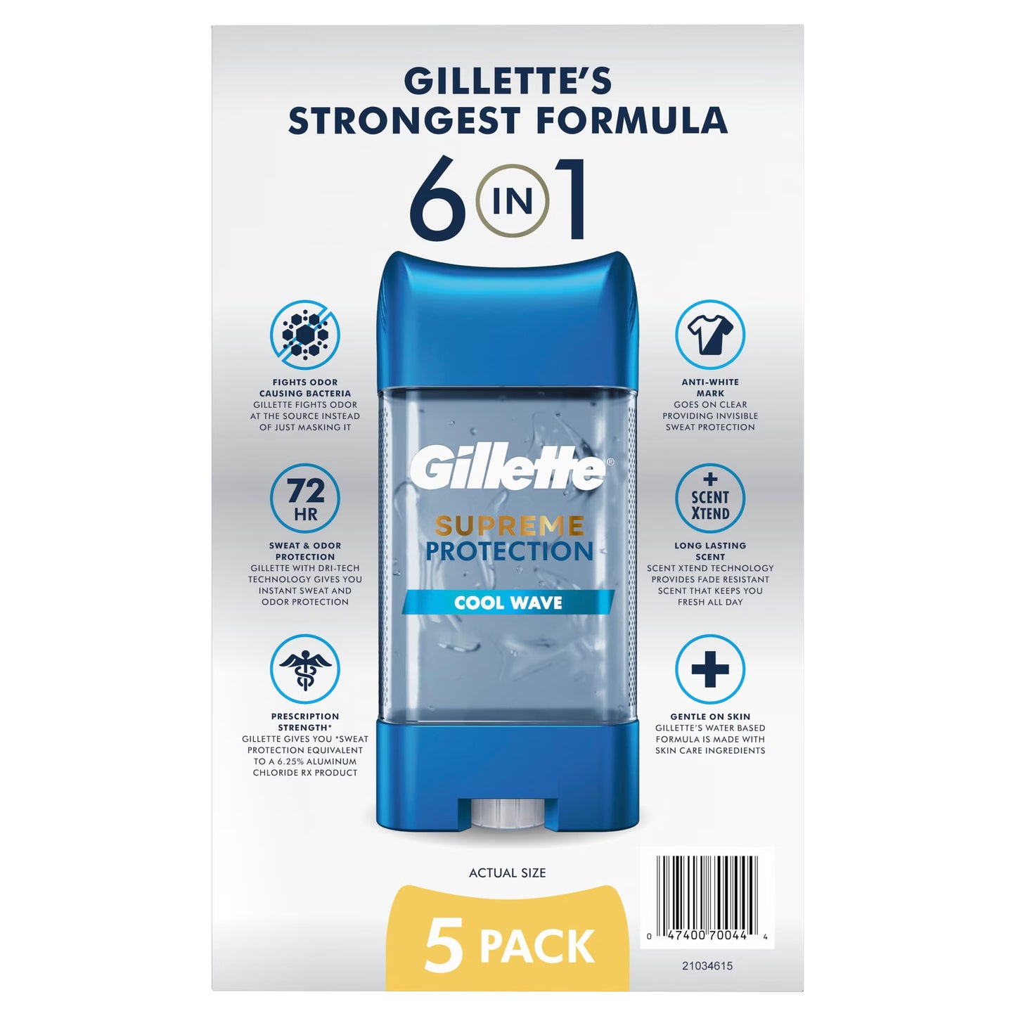 Gillette Supreme Maximum Strength Protection Men's Deodorant Clear Gel Antiperspirant, Cool Wave, 3.8 oz., 5 pk.