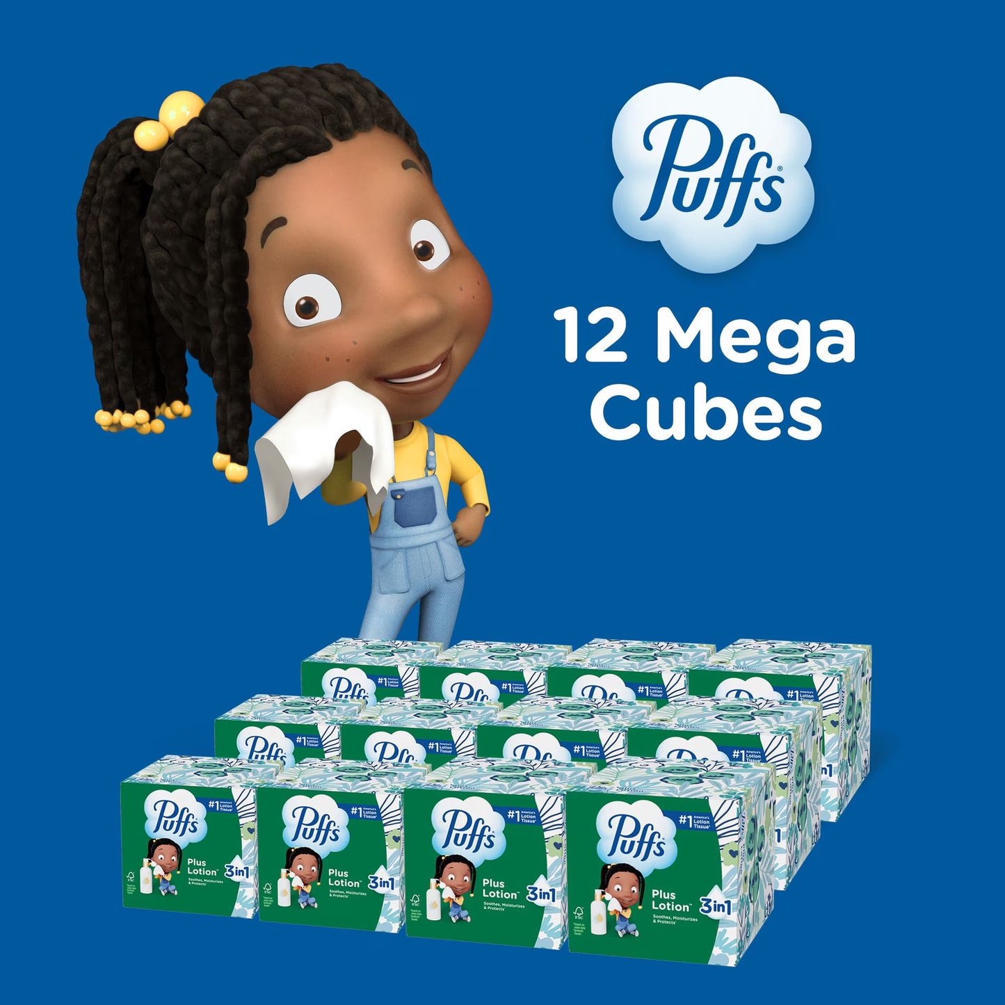 Puffs Plus Lotion 2-Ply Facial Tissues 12 Cube Boxes, 72 tissues/box