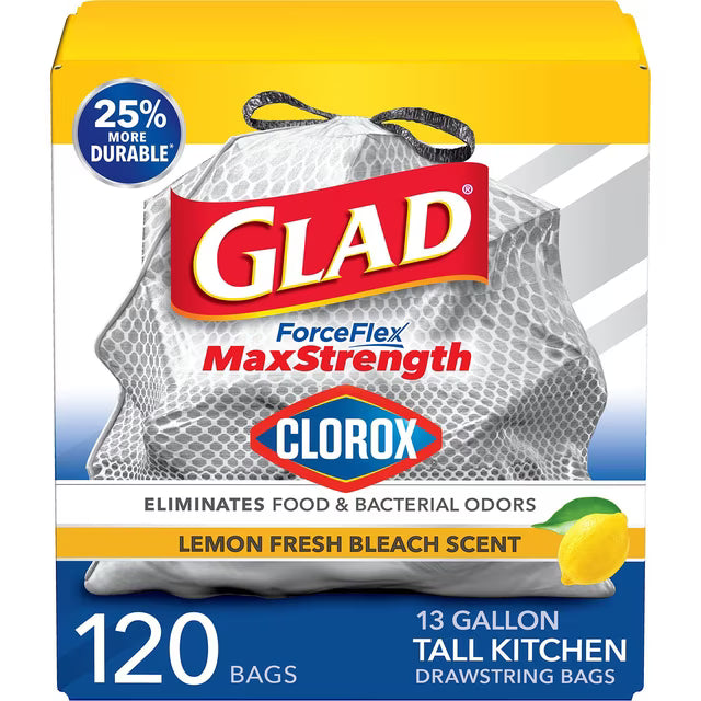 Glad ForceFlex MaxStrength with Clorox Tall Kitchen Drawstring Trash Bags, Lemon Fresh Scent, 13 Gallon, 120 ct.