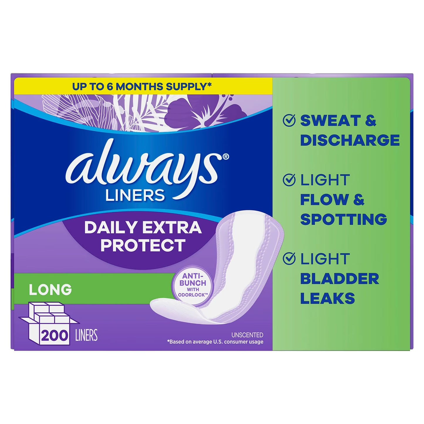 Always Anti-Bunch Xtra Protection Daily Liners, Unscented, Long, 200 ct.