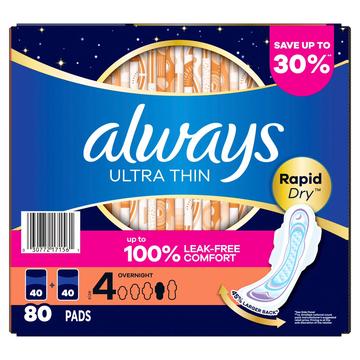 Always Ultra Thin Overnight Pads with Wings, Size 4, 80 ct.