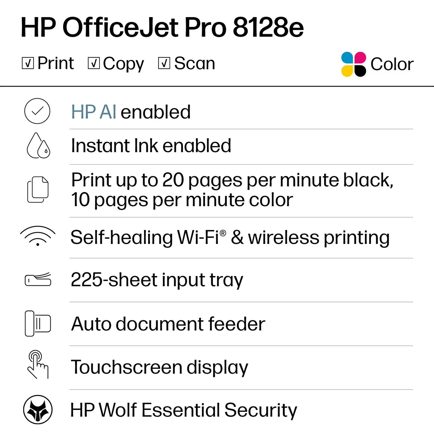 HP OfficeJet Pro 8128e Color Wireless All-in-One Printer, 1 Year Instant Ink