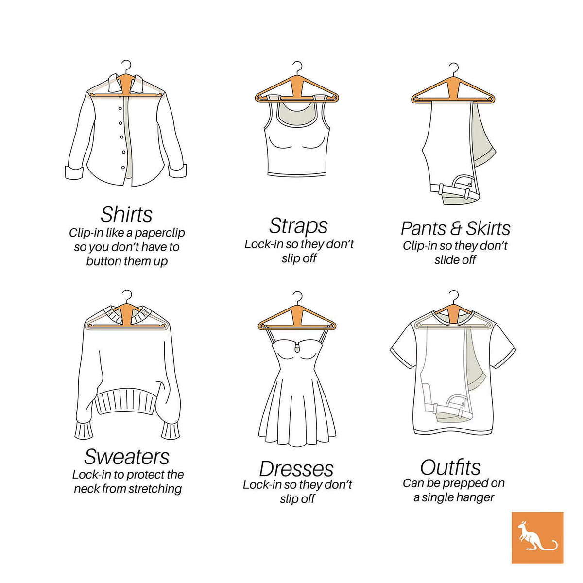 The Slim Kangaroo™ Hanger 40-Pack - Made in Wisconsin, USA with 100% recycled material - The patented design clips in pants, shirts, straps, tanks, jackets and even entire outfits on a single hanger