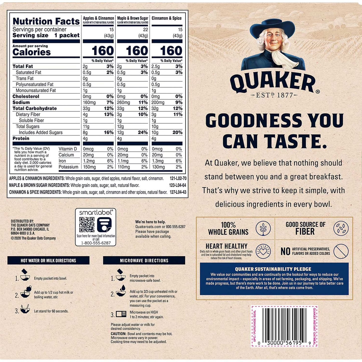 Quaker Instant Oatmeal, Variety Pack, 1.51 oz., 52 pk.