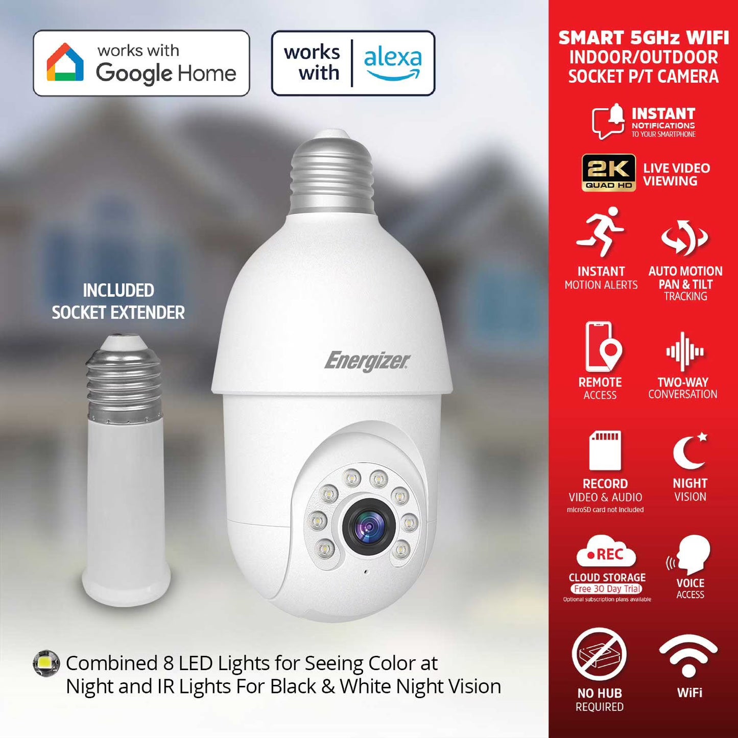 Energizer 2K Light Bulb Socket Security Camera with Socket Extension, 3pk.
