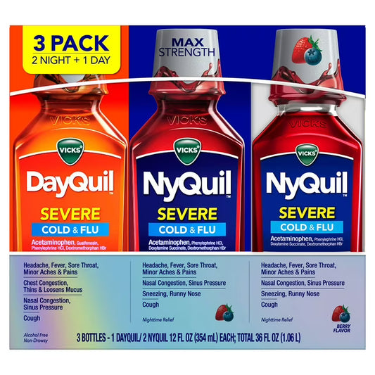 Vicks DayQuil & NyQuil Severe Cold & Flu Relief Liquid, Berry, 12 fl. oz., 3 pk.