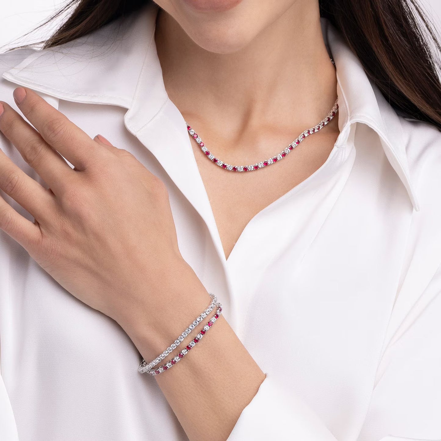 Lab Created White Sapphire Round Cut Gemstone Tennis Bracelet in Sterling Silver