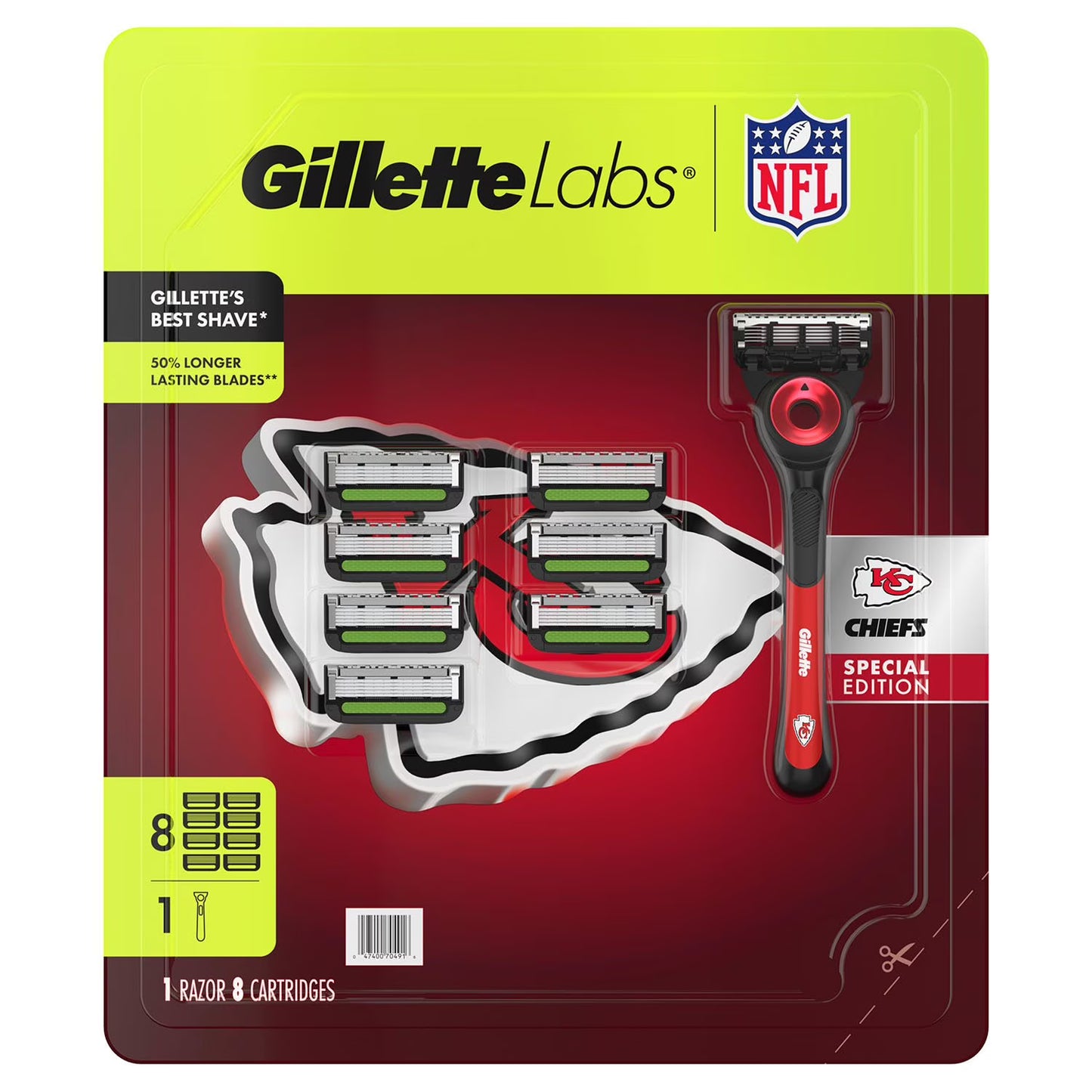 Gillette Labs NFL Kansas City Chiefs Men's Razor, Handle + 8 Cartridges