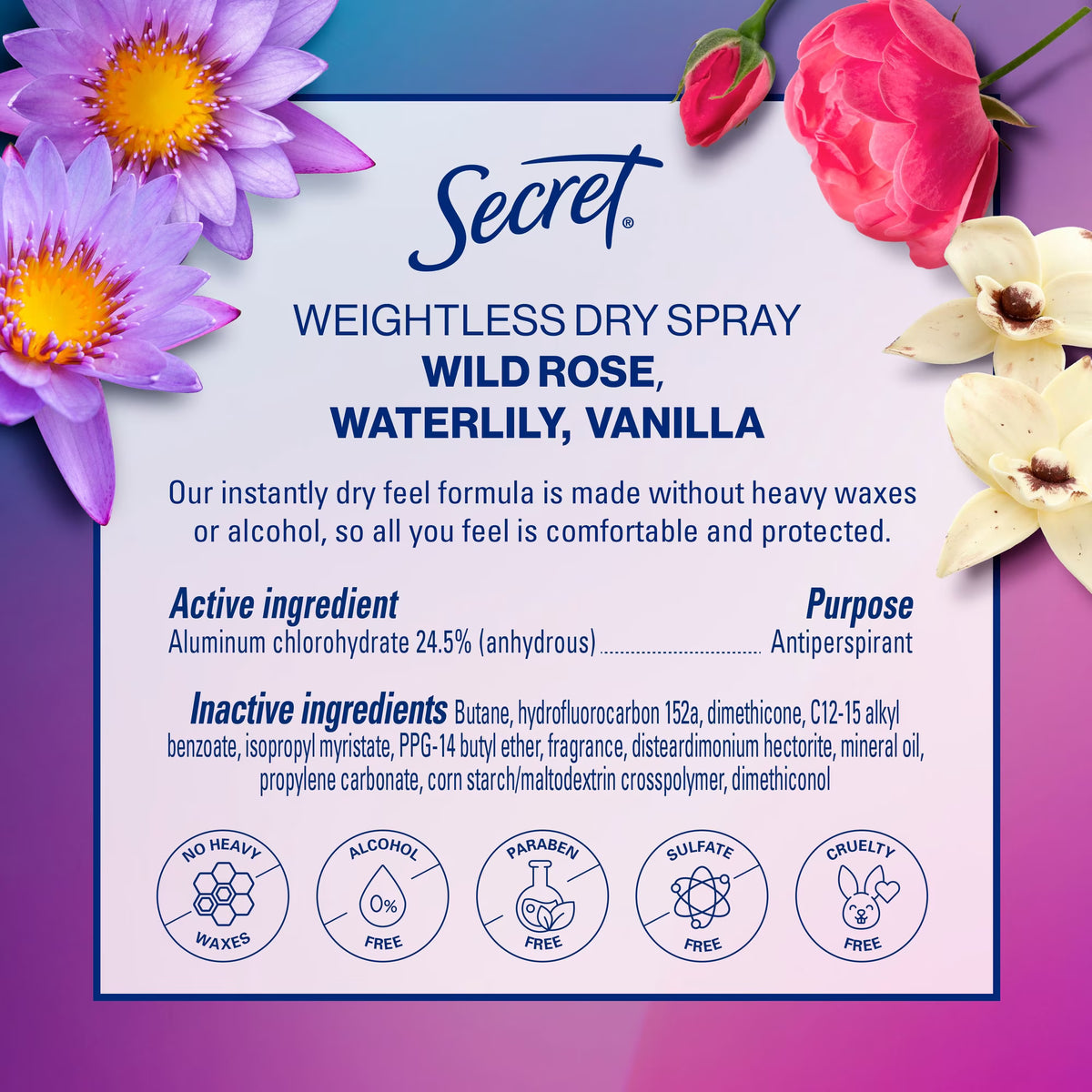 Secret Dry Spray Women's Antiperspirant Deodorant, Vanilla, Wild Rose & Waterlily, 4.1 oz., 3 pk.