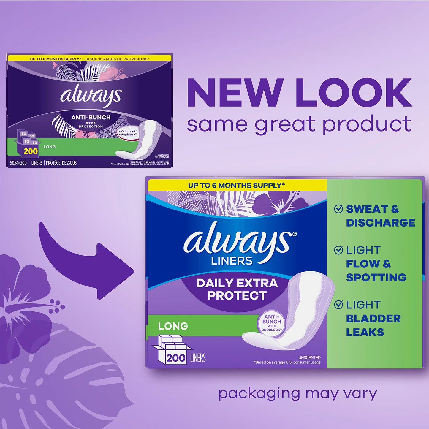 Always Anti-Bunch Xtra Protection Daily Liners, Unscented, Long, 200 ct.