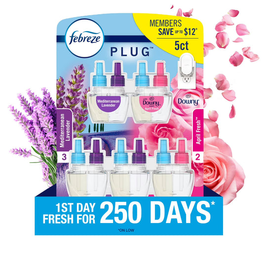 Febreze Plugs Air Freshener Refills, Mediterranean Lavender + Downy April Fresh, 5 refills