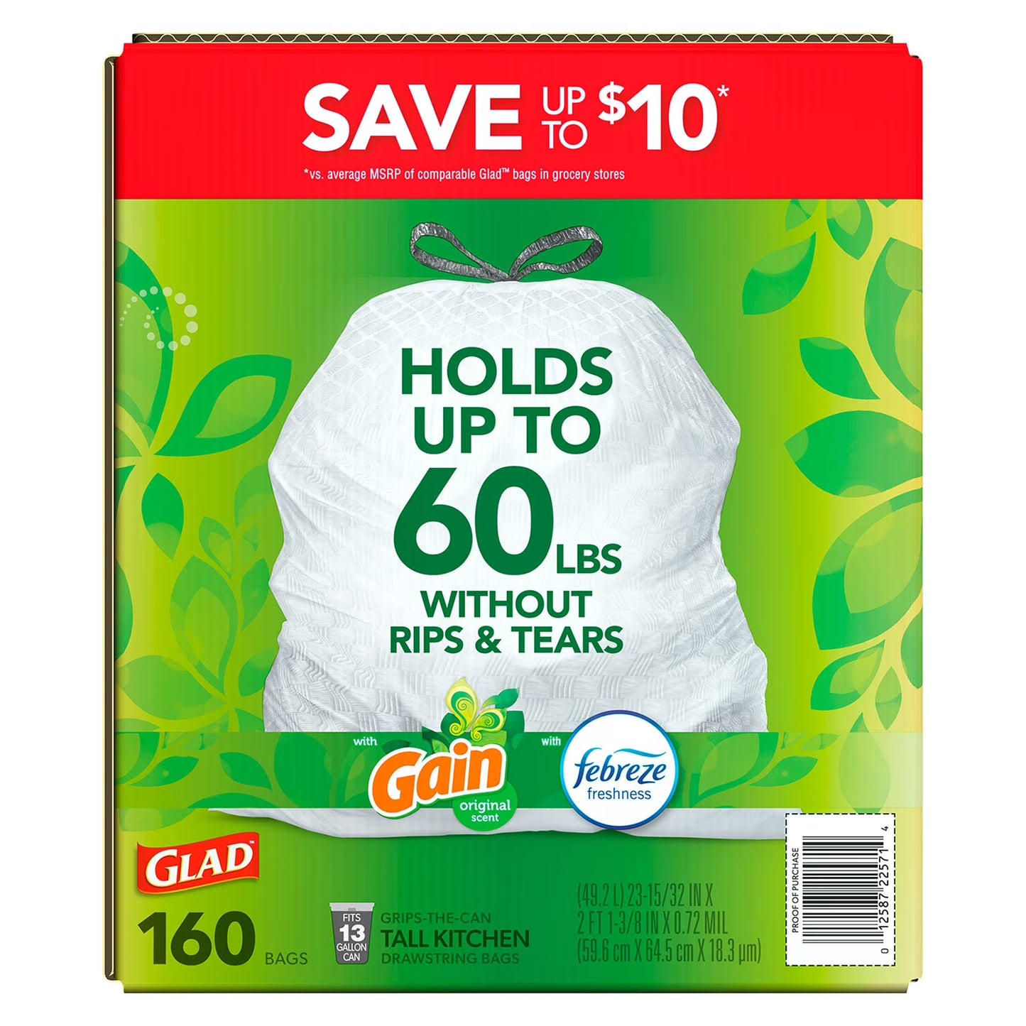 Glad® ForceFlex Tall Kitchen Drawstring Trash Bags, Gain Original scent with Febreze Freshness, 13 Gallon, 160 ct.