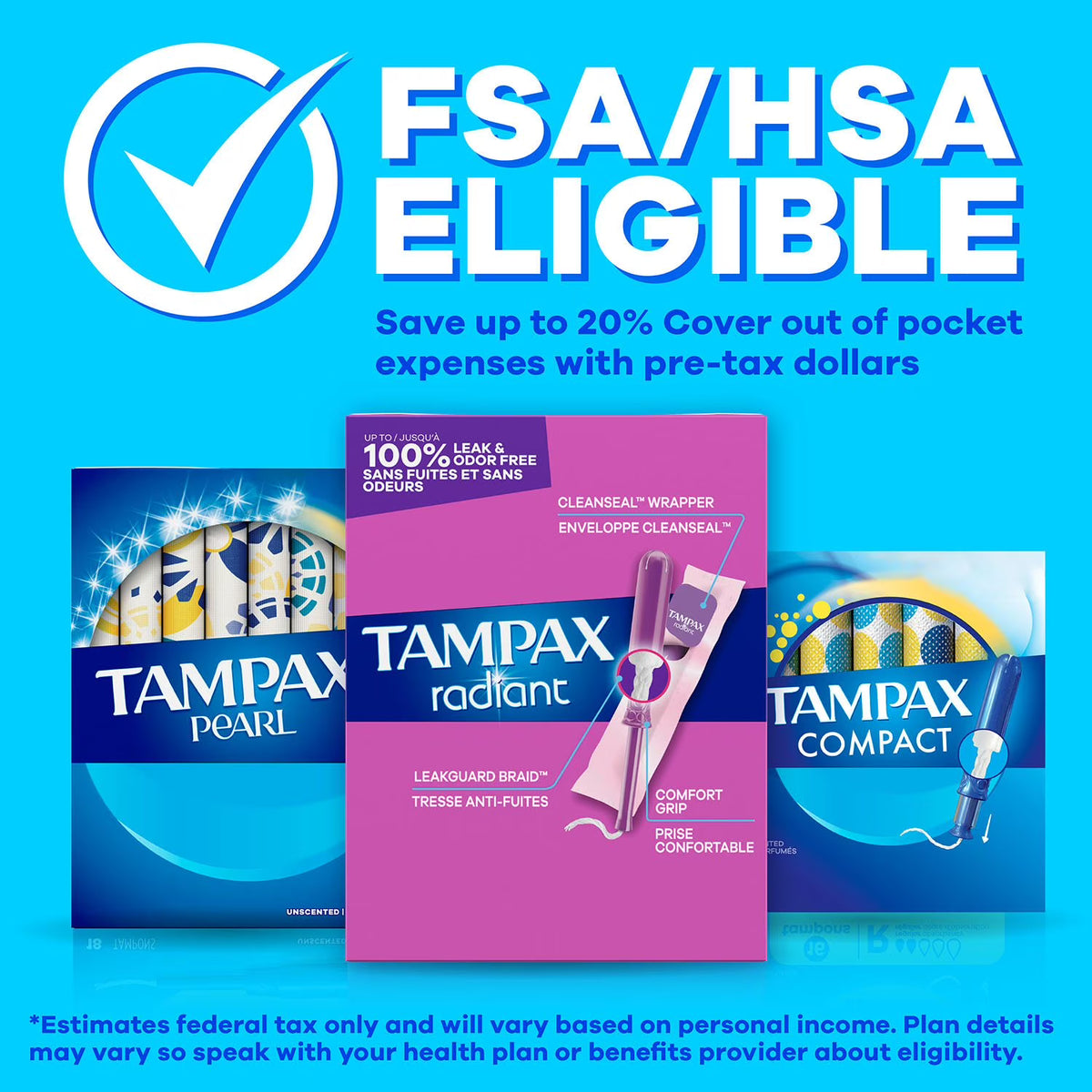 Tampax Pearl Tampons Trio Pack, Unscented, Light, Regular & Super, 86 ct.