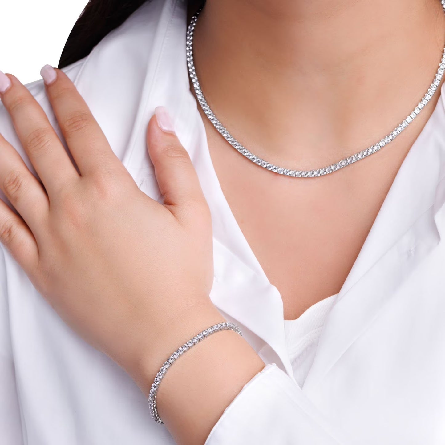 Lab Created White Sapphire Round Cut Gemstone Tennis Bracelet in Sterling Silver