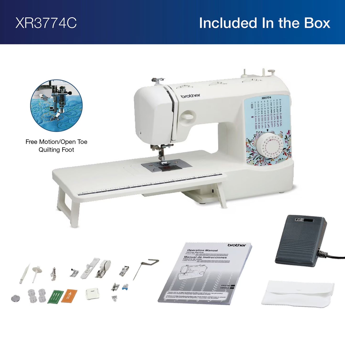 Brother XR3774C Sewing Machine with Wide Table and Motion/Open Toe Quilting Foot