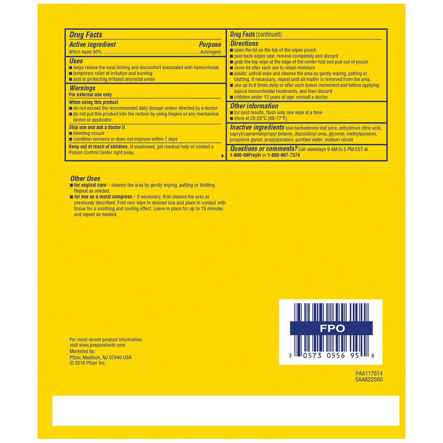 Preparation H Hemorrhoid Wipes with Witch Hazel, 180 ct.