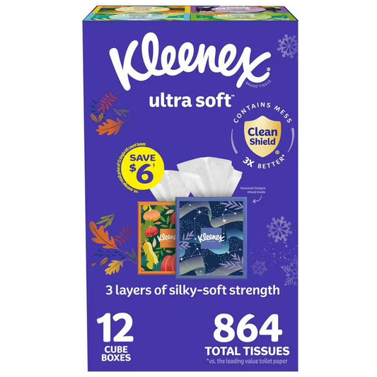Kleenex Ultra Soft Hypoallergenic Facial Tissues 12 Boxes, 72 tissues/box