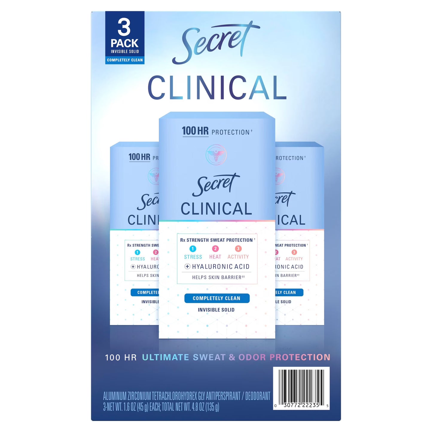 Secret Clinical Strength Invisible Solid Antiperspirant Deodorant, Completely Clean, 1.6 oz., 3 pk.