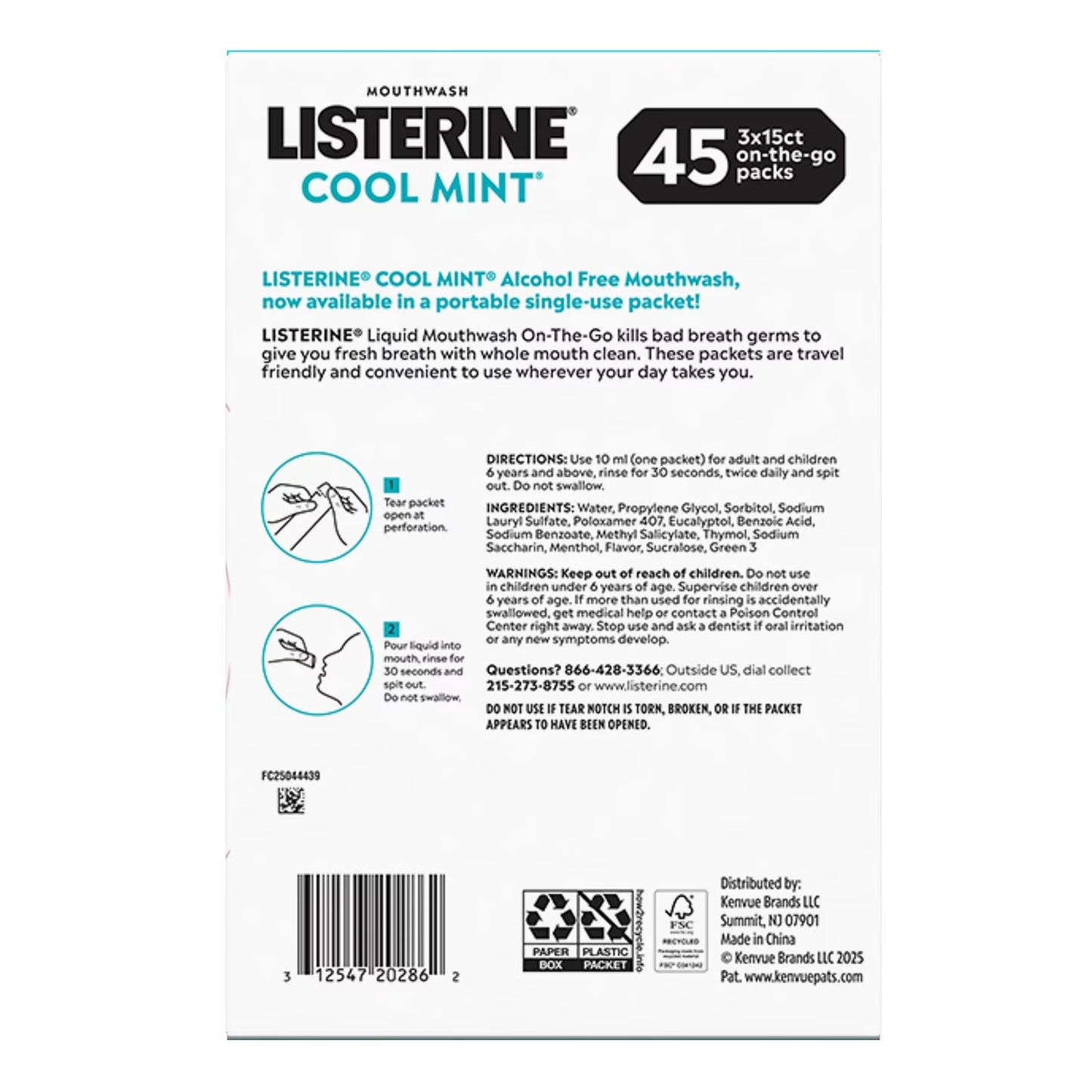 Listerine On-The-Go Cool Mint Mouthwash Sachets, Alcohol Free, 45 ct.