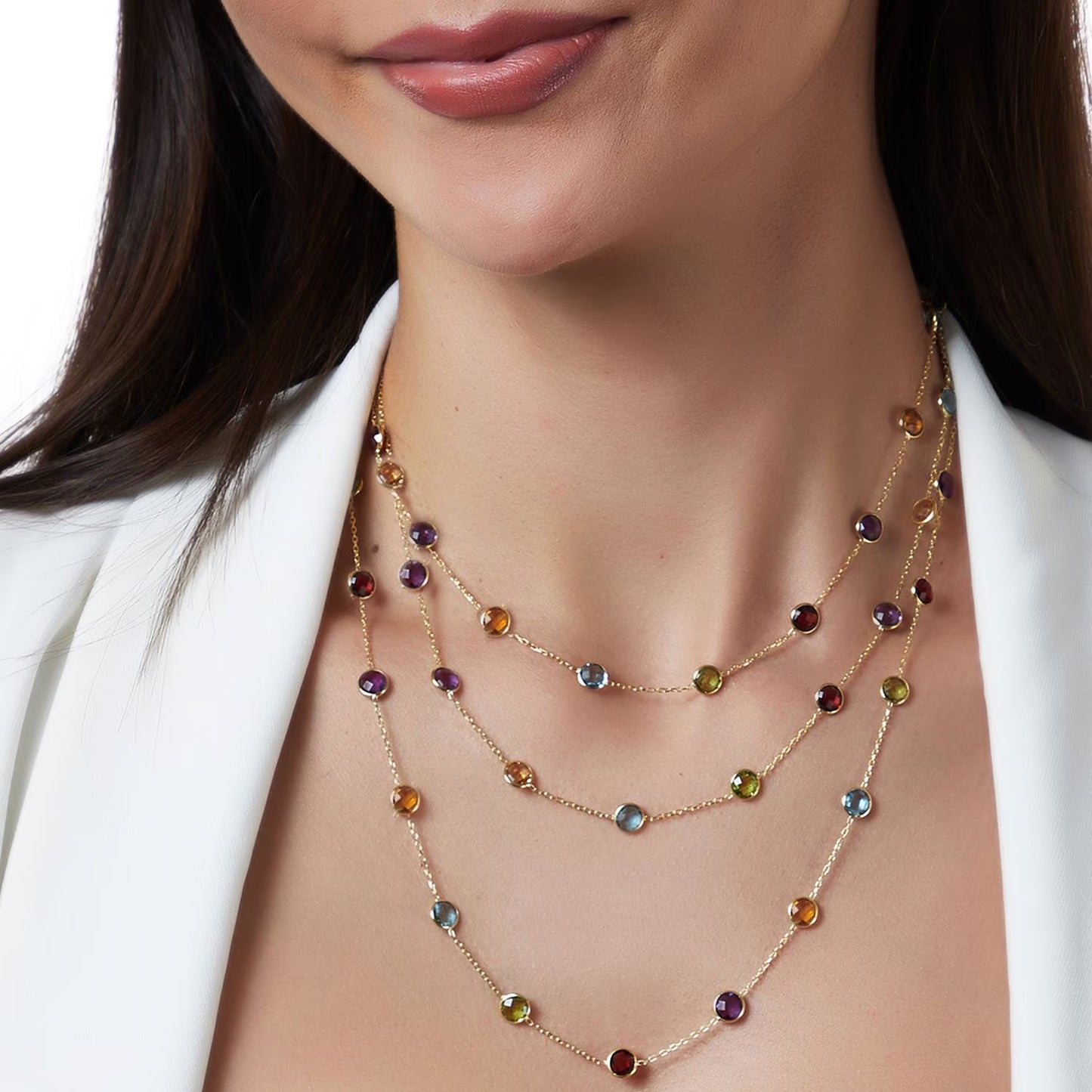 Multi Gemstone Station Necklace in 14K Gold
