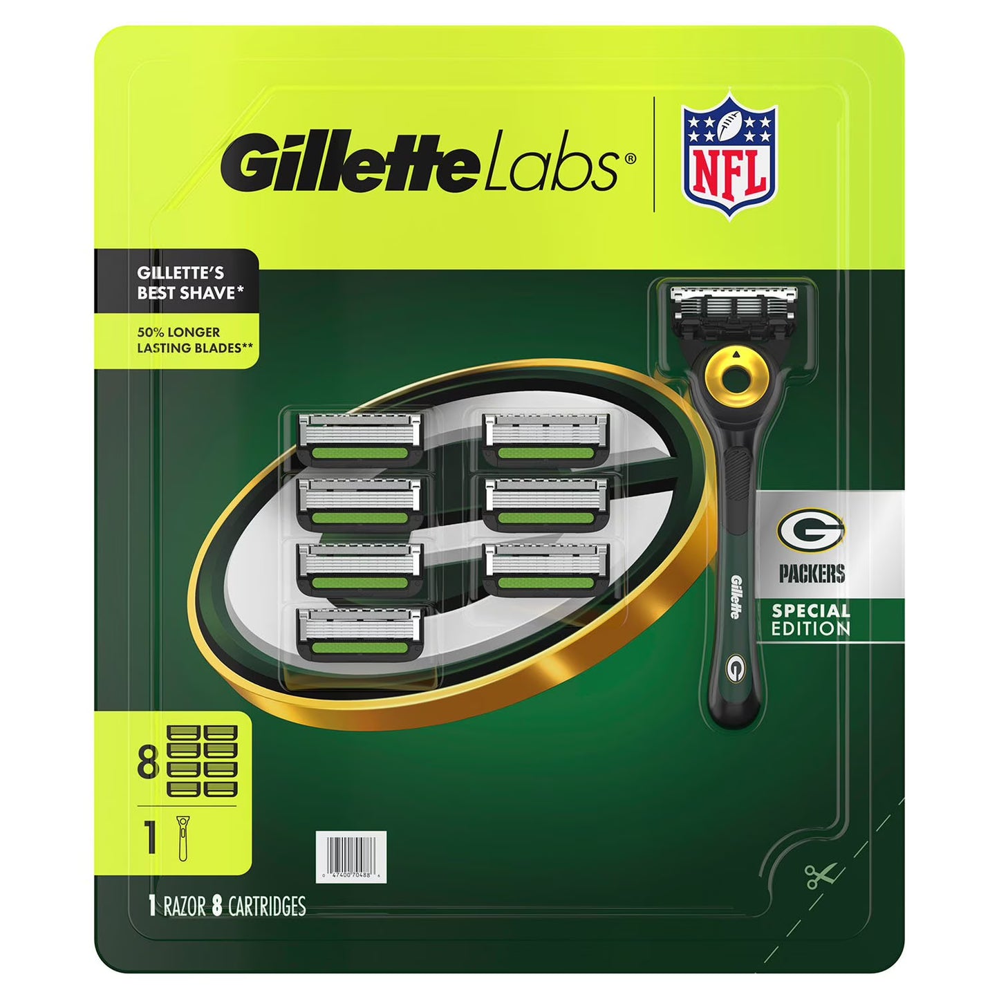 Gillette Labs NFL Green Bay Packers Men's Razor, Handle + 8 Cartridges
