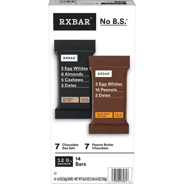 RXBAR Protein Bars, Chocolate Sea Salt and Peanut Butter Chocolate Variety Pack, 1.83 oz., 14 pk.