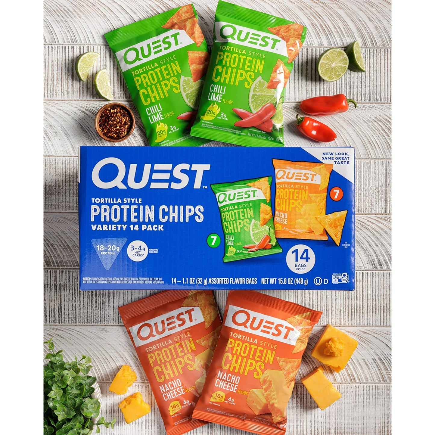 Quest Tortilla Style 18-20g Protein Chip Variety Pack, Chili Lime and Nacho Cheese 14 ct.