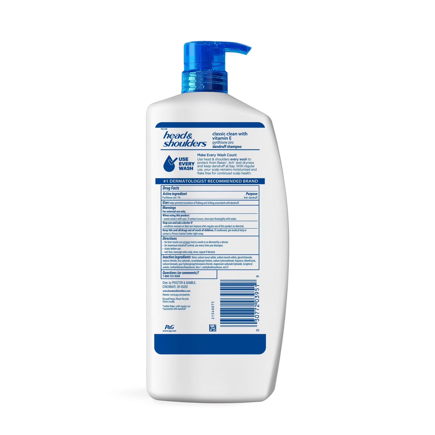 Head & Shoulders Classic Clean Anti-Dandruff Shampoo, Vitamin E, Flake Protection & Itch Relief, 38.8 fl. oz
