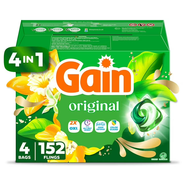 Gain Flings! 3 in 1 Laundry Detergent Pacs, Original Scents, 152 ct.