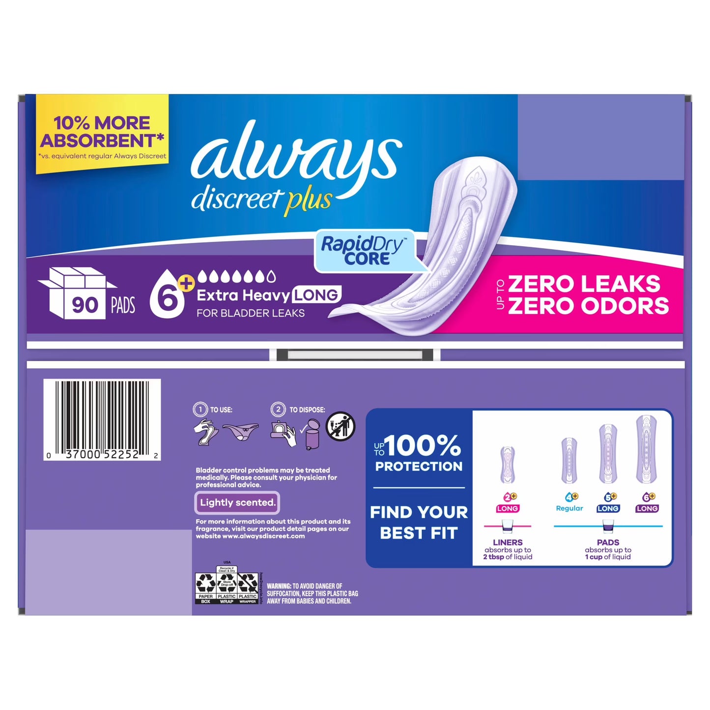 Always Discreet plus Incontinence Pads for Women, Extra Heavy Long, 90 ct.