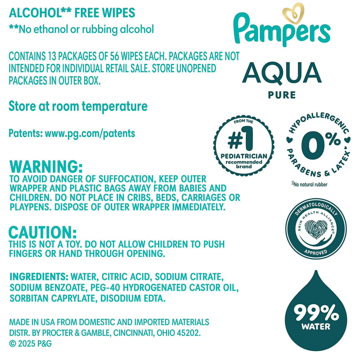 Pampers Aqua Pure Baby Wipes, Fragrance Free, 13 pk., 728 Wipes