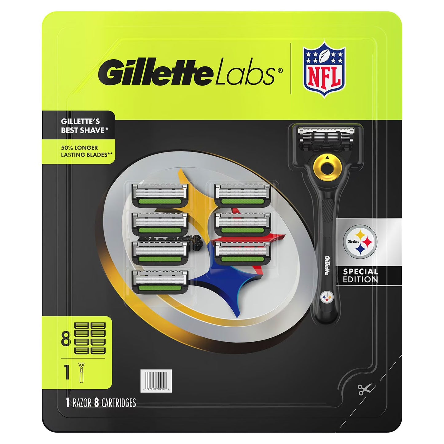 Gillette Labs NFL Pittsburgh Steelers Men's Razor, Handle + 8 Cartridges
