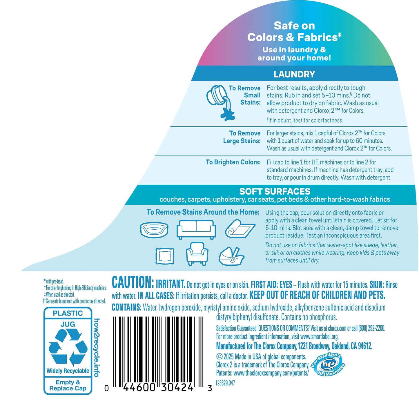 Clorox 2 For Colors Stain Remover, Laundry + Fabric, Free and Clear, 90 Loads, 112.75 fl. oz.