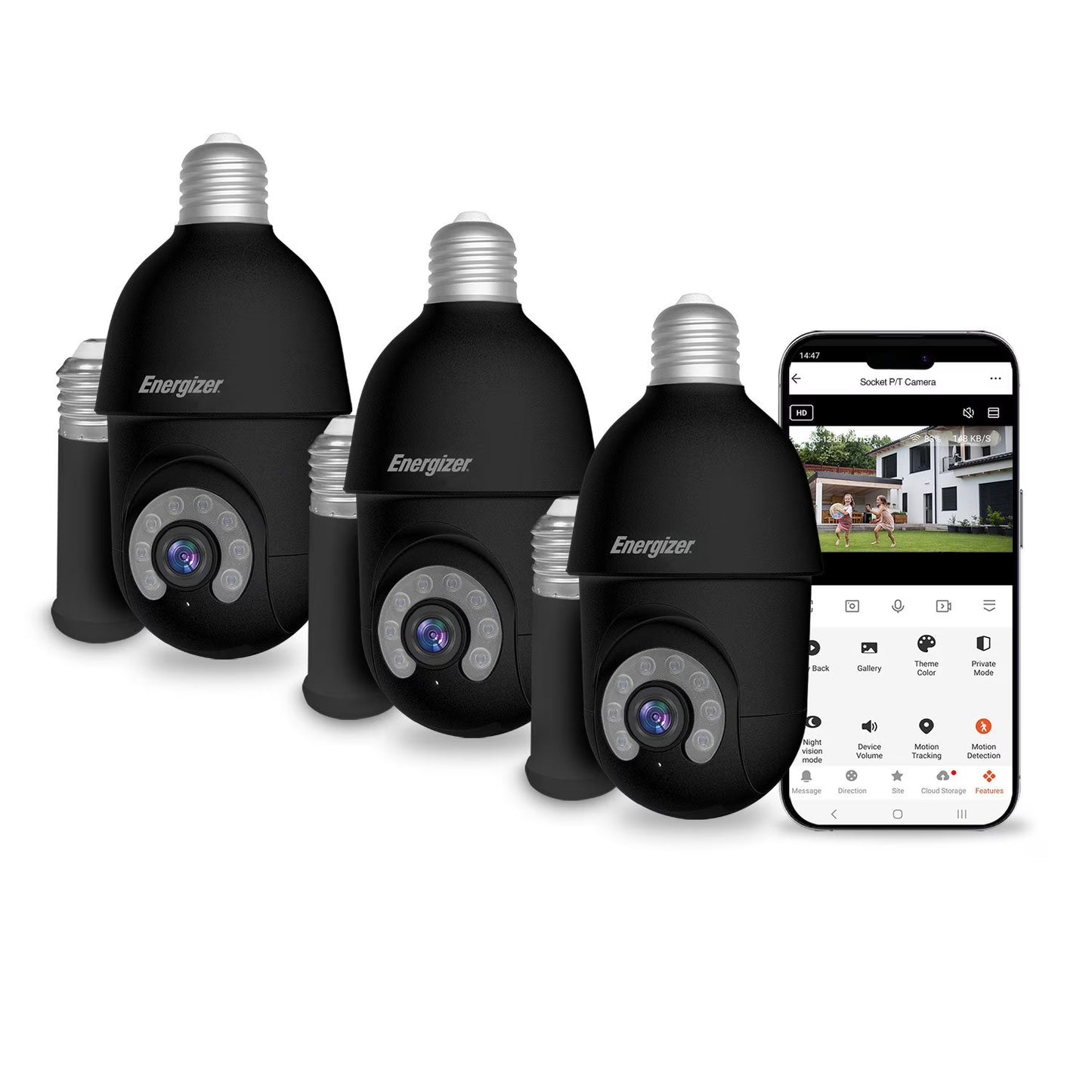 Energizer 2K Light Bulb Socket Security Camera with Socket Extension, 3pk.