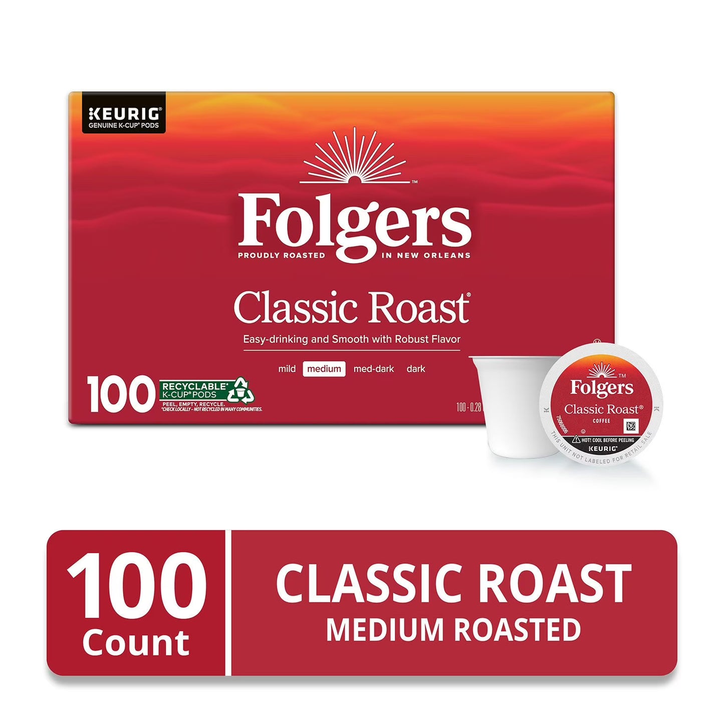 Folgers Classic Medium Roast K-Cup Coffee Pods, 100 ct.