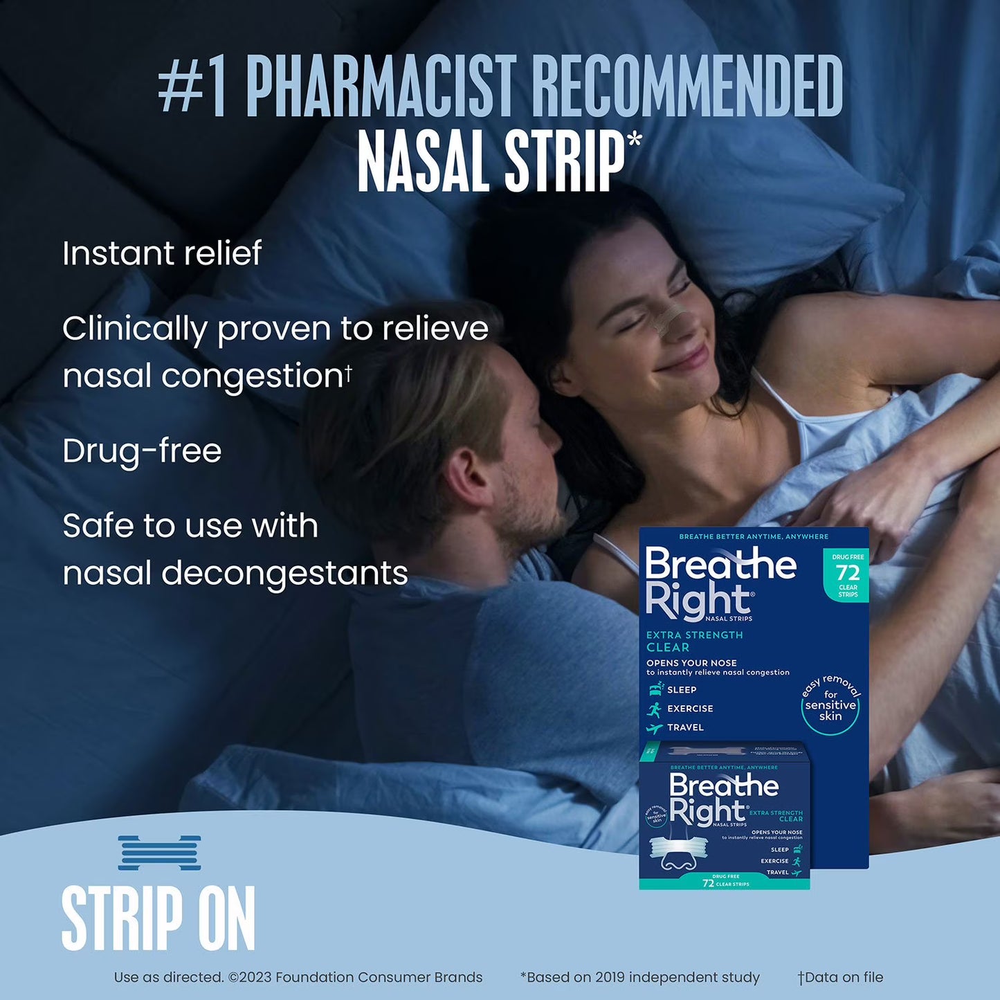 Breathe Right Extra Strength Nasal Strips, For Sensitive Skin, Clear, 72 ct.