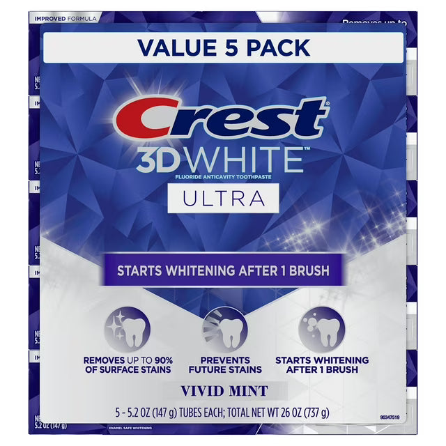 Crest 3D White Vivid Mint Ultra Whitening Toothpaste, 5.2 oz., 5 pk.