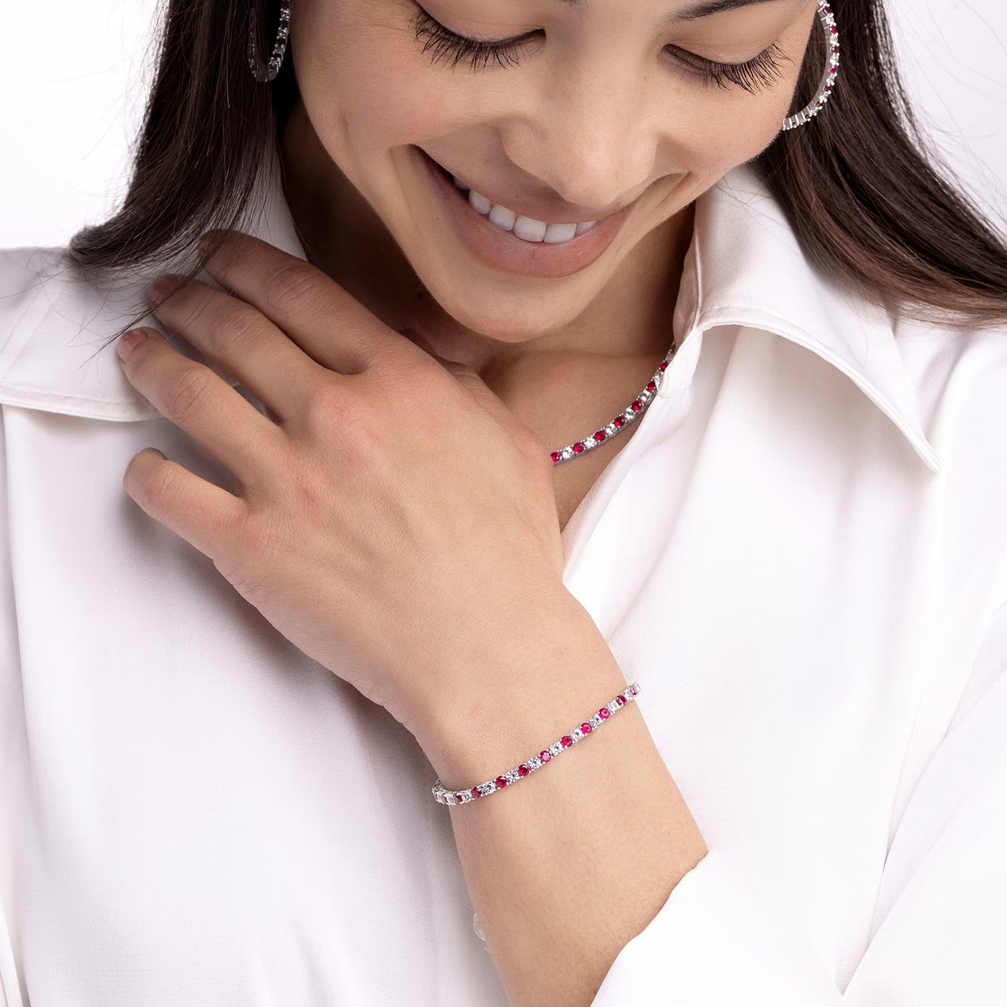 Lab Created White Sapphire Round Cut Gemstone Tennis Bracelet in Sterling Silver
