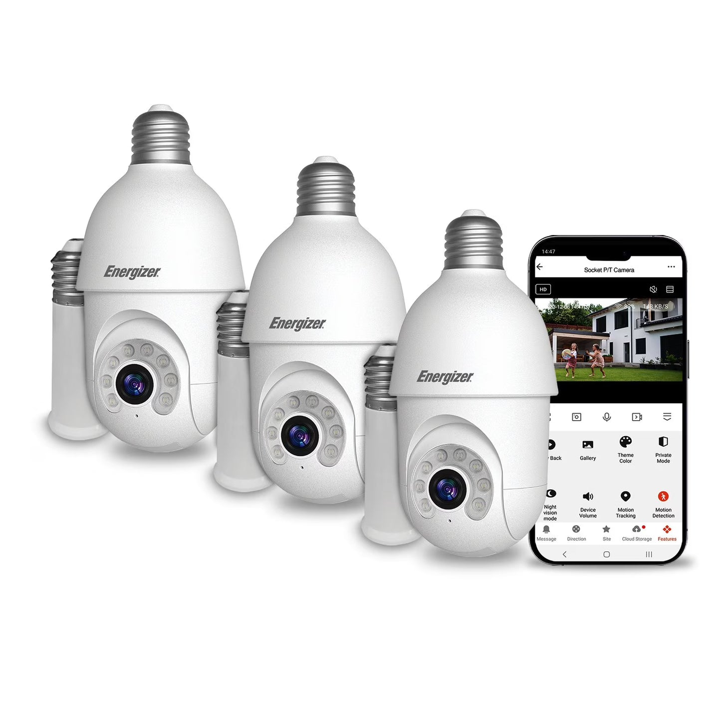 Energizer 2K Light Bulb Socket Security Camera with Socket Extension, 3pk.