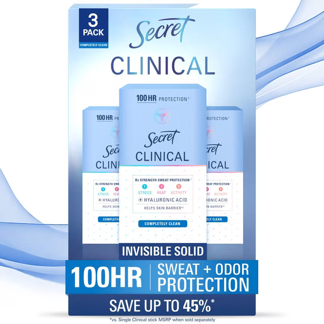 Secret Clinical Strength Invisible Solid Antiperspirant Deodorant, Completely Clean, 1.6 oz., 3 pk.