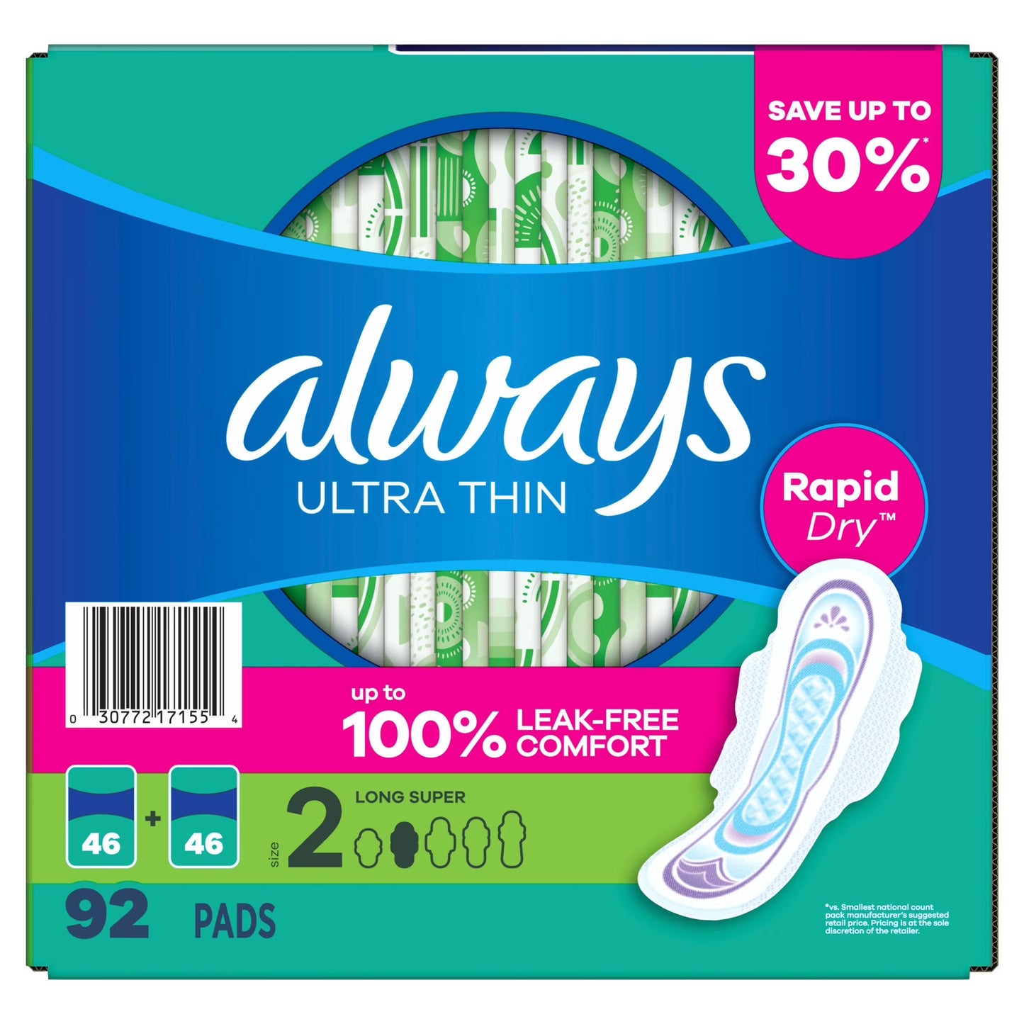 Always Ultra Thin Long Super Pads with Wings, Size 2, 92 ct.