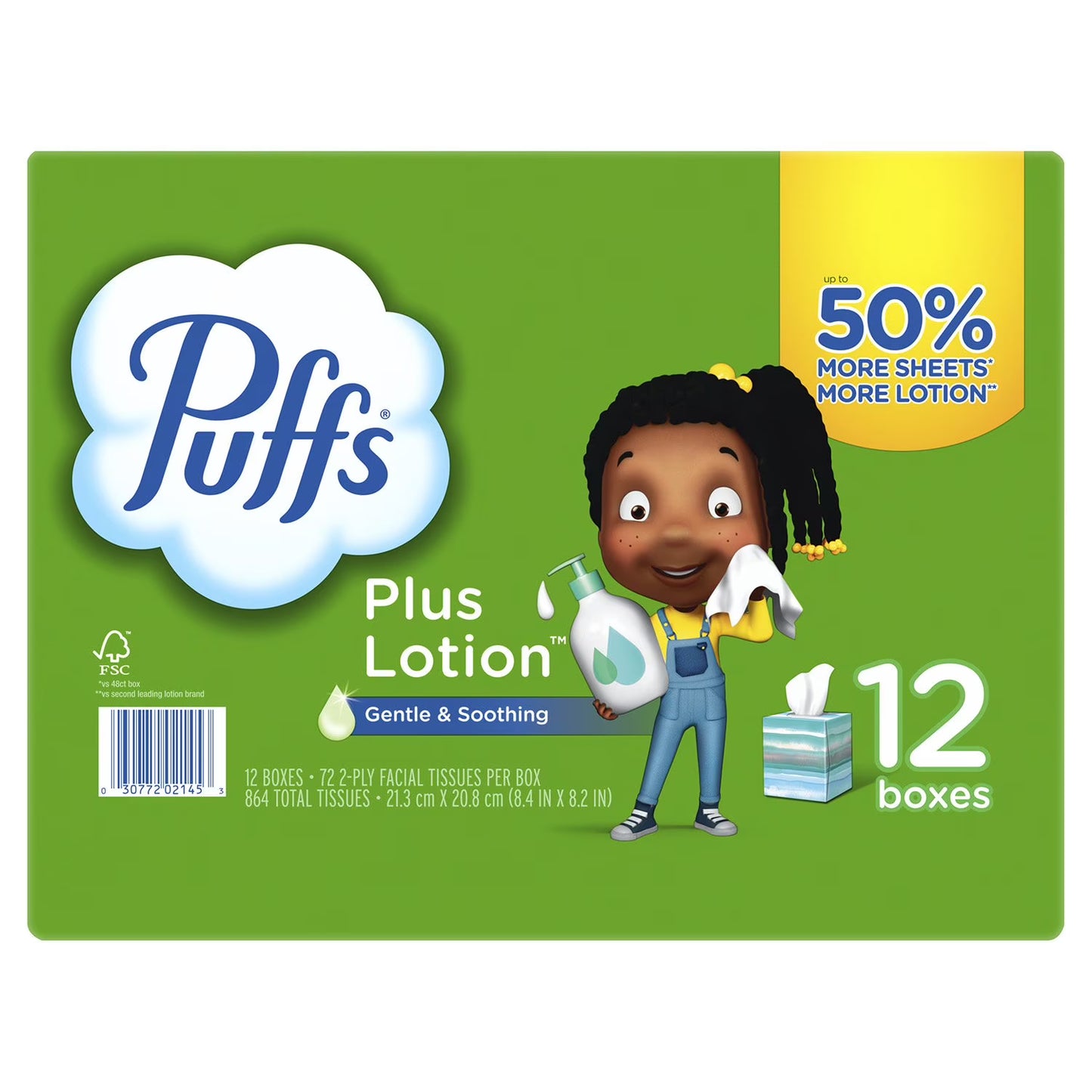 Puffs Plus Lotion 2-Ply Facial Tissues 12 Cube Boxes, 72 tissues/box