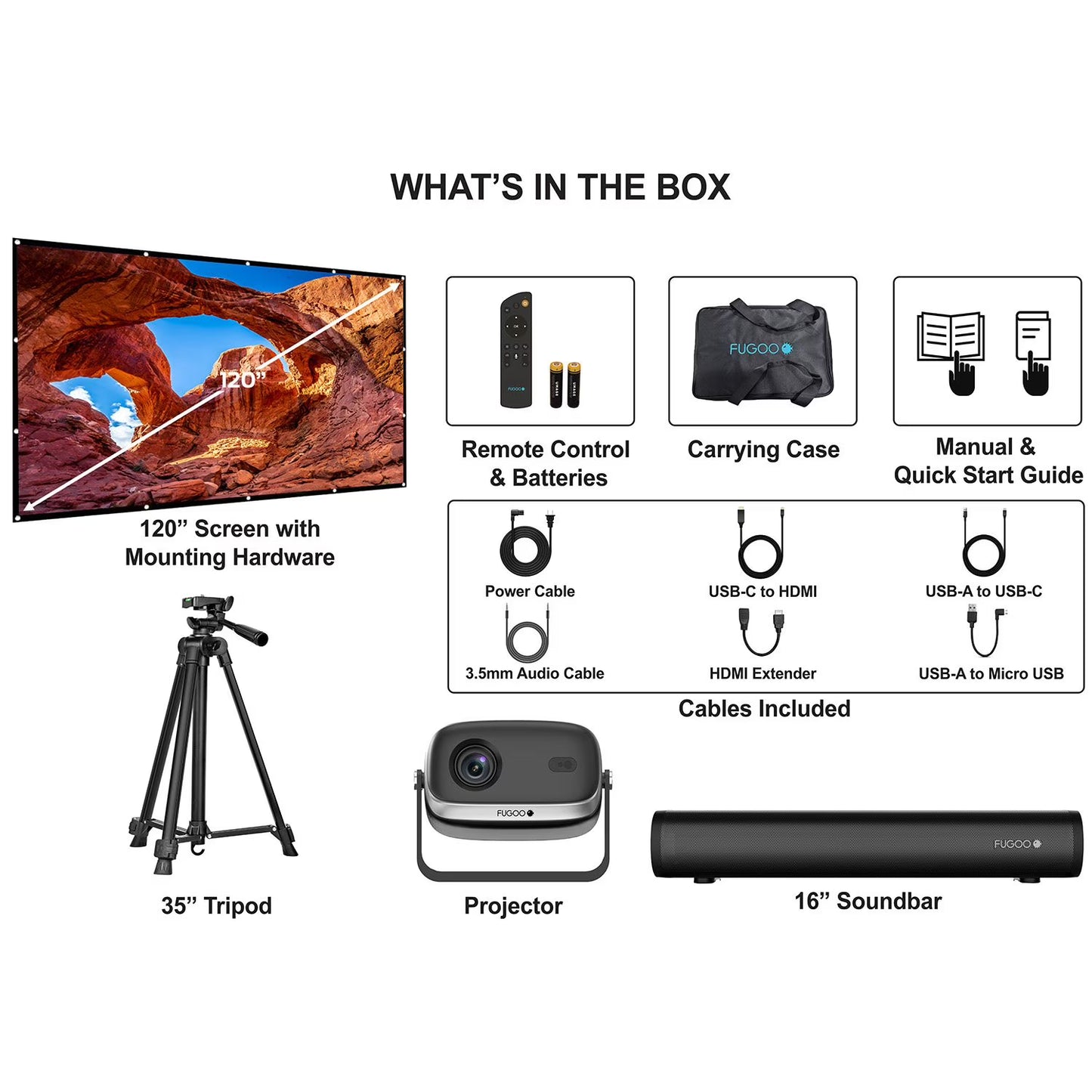 Fugoo Outdoor Projector & Soundbar Bundle with Tripod & 120" Foldable Screen