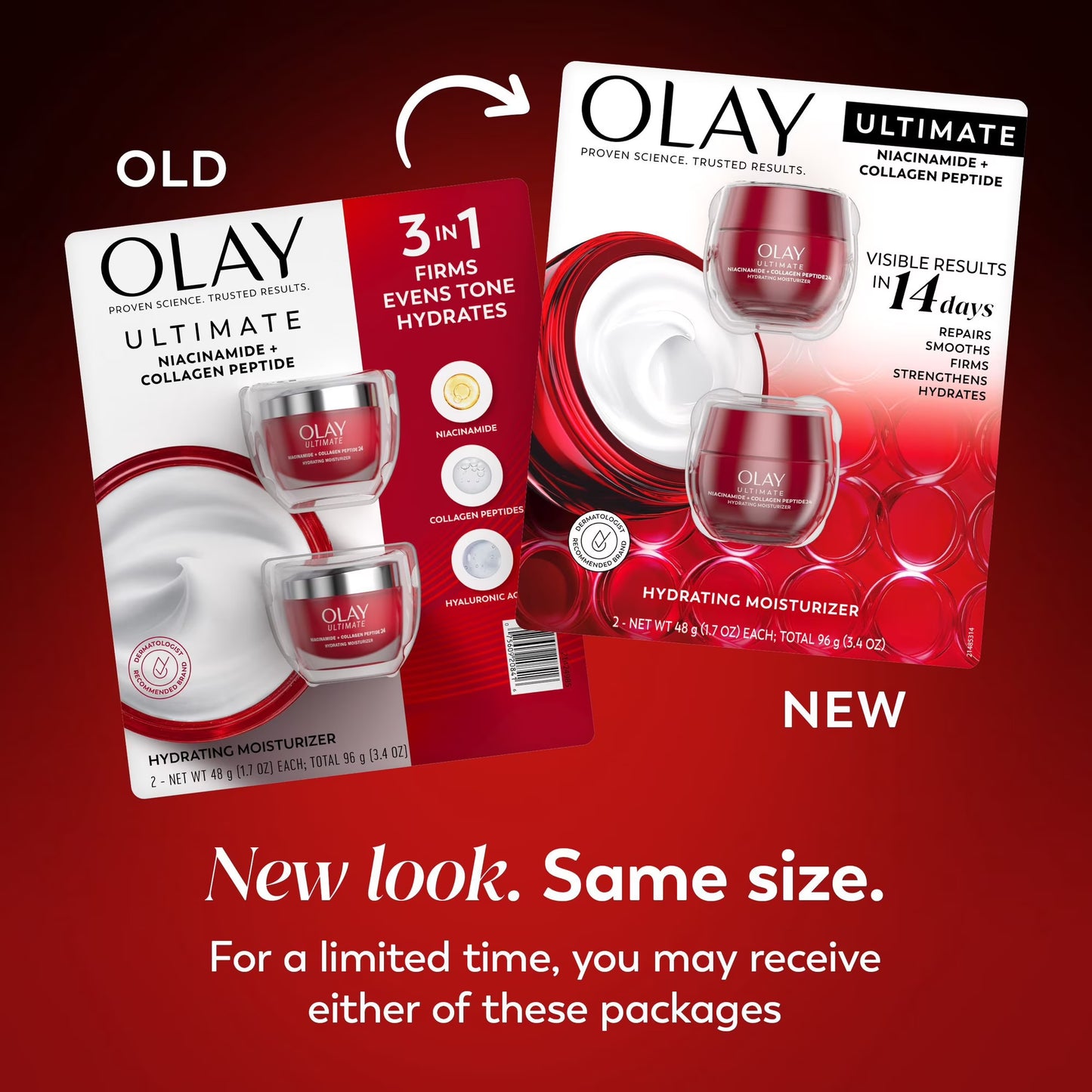 Olay Ultimate Hydrating Moisturizer with Niacinamide, Collagen Peptide, Skincare for Face, 1.7 oz., 2pk