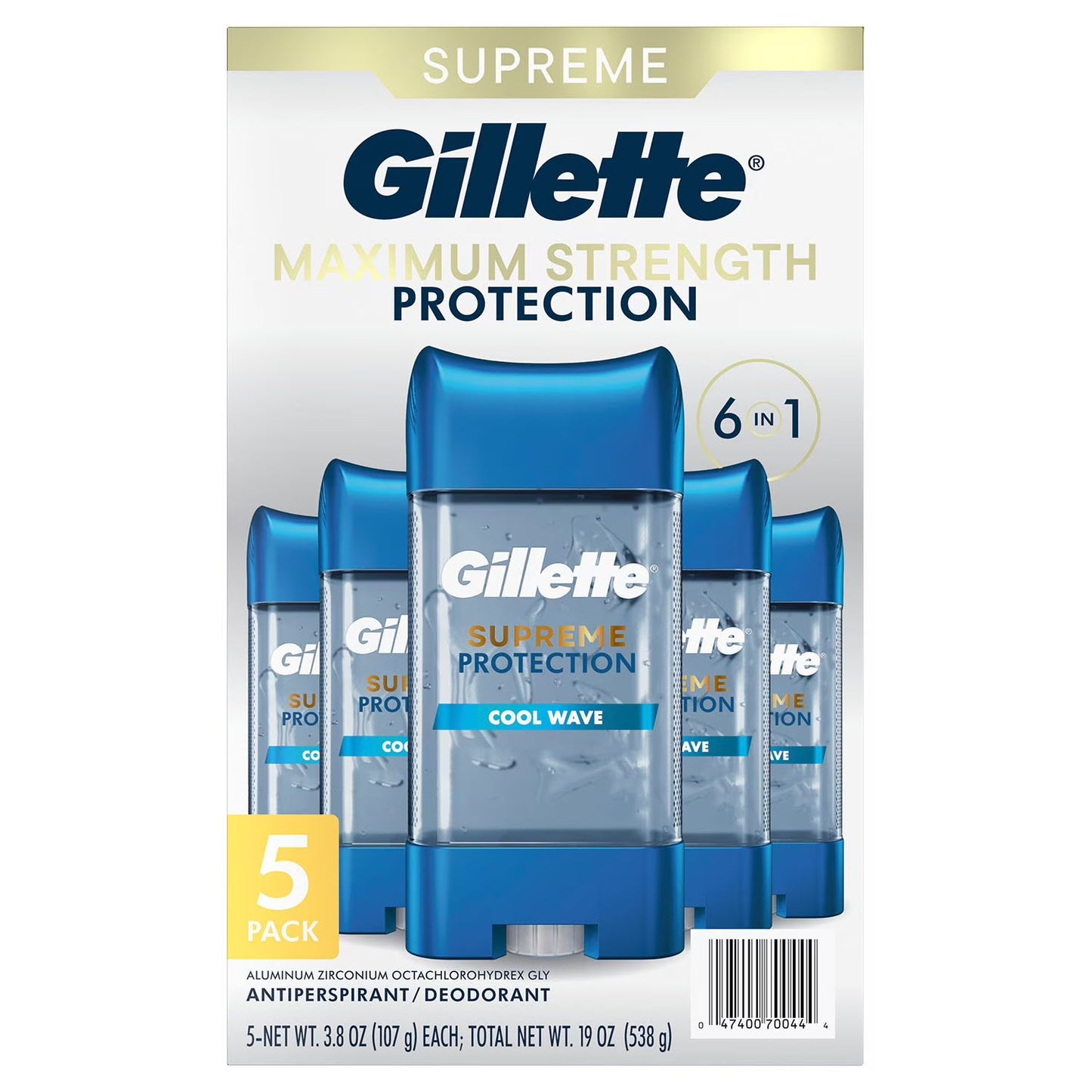 Gillette 6 in 1 Deodorant for Men Clear Gel Antiperspirant, Cool Wave, 3.8 oz., 5 pk.
