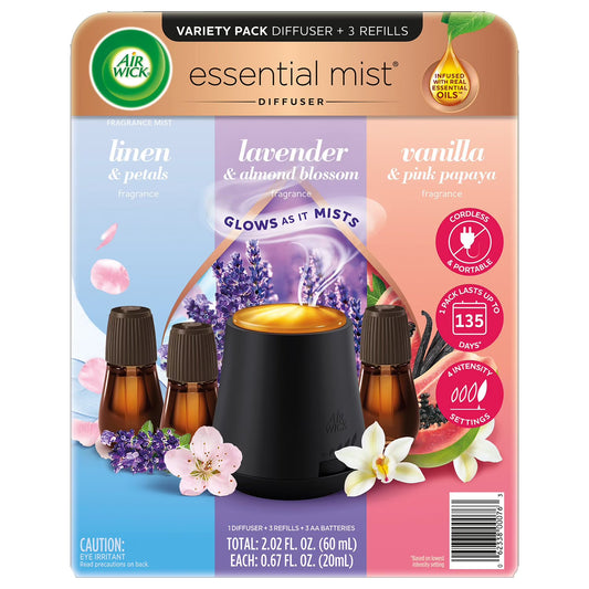 Air Wick Essential Mist Cordless Oil Diffuser, Fragrance Variety Pack, 1 Diffuser + 3 Refills
