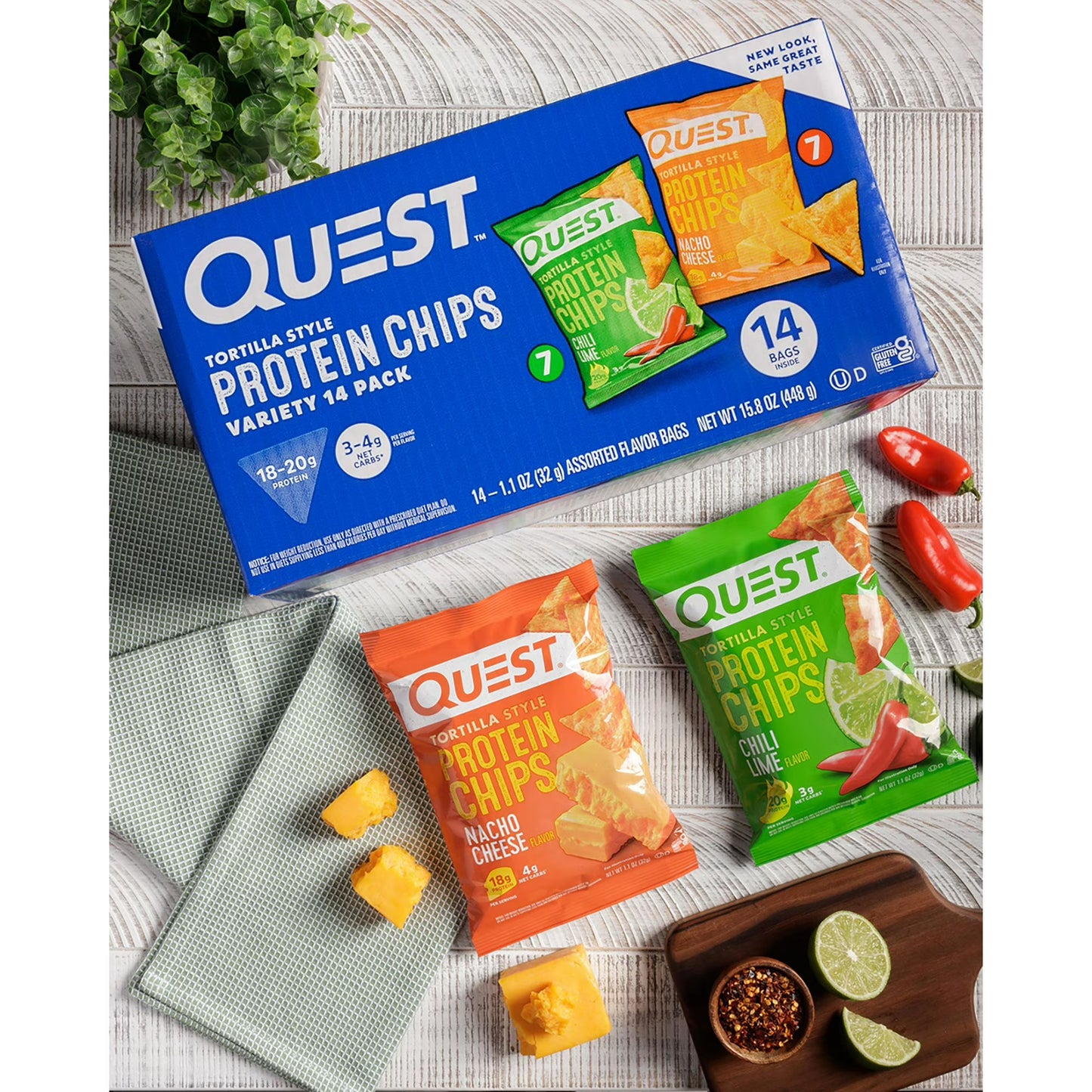 Quest Tortilla Style 18-20g Protein Chip Variety Pack, Chili Lime and Nacho Cheese 14 ct.